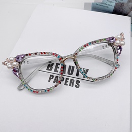 Fashion Solid Color Pc Cat Eye Inlaid Pearls Diamond Full Frame Optical Glassespicture6