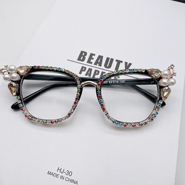 Fashion Solid Color Pc Cat Eye Inlaid Pearls Diamond Full Frame Optical Glassespicture9