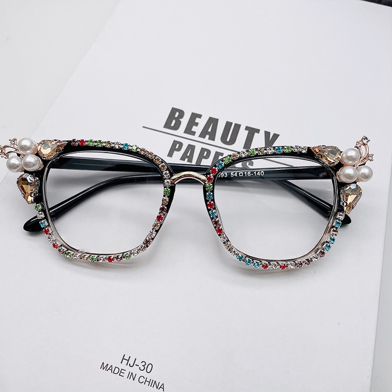 Fashion Solid Color Pc Cat Eye Inlaid Pearls Diamond Full Frame Optical Glasses