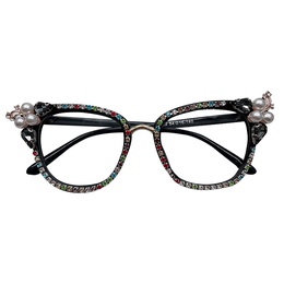 Fashion Solid Color Pc Cat Eye Inlaid Pearls Diamond Full Frame Optical Glassespicture5