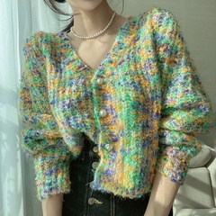 Fashion Color Block knit V Neck Long Sleeve Regular Sleeve Button Cardigan