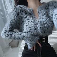Fashion Leopard Cotton Blend Round Neck Long Sleeve Regular Sleeve Cardigan