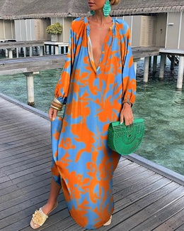 Vacation Printing V Neck Long Sleeve Printing Polyester Dresses Maxi Long Dress Swing Dresspicture9