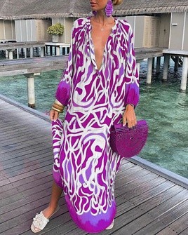 Vacation Printing V Neck Long Sleeve Printing Polyester Dresses Maxi Long Dress Swing Dresspicture22