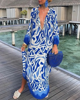 Vacation Printing V Neck Long Sleeve Printing Polyester Dresses Maxi Long Dress Swing Dresspicture38