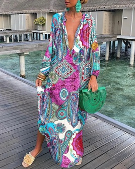 Vacation Printing V Neck Long Sleeve Printing Polyester Dresses Maxi Long Dress Swing Dresspicture34