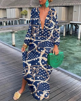 Vacation Printing V Neck Long Sleeve Printing Polyester Dresses Maxi Long Dress Swing Dresspicture46