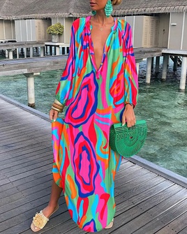 Vacation Printing V Neck Long Sleeve Printing Polyester Dresses Maxi Long Dress Swing Dresspicture42