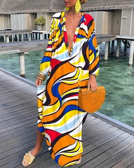 Vacation Printing V Neck Long Sleeve Printing Polyester Dresses Maxi Long Dress Swing Dresspicture54