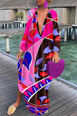 Vacation Printing V Neck Long Sleeve Printing Polyester Dresses Maxi Long Dress Swing Dresspicture58