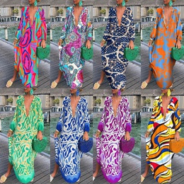 Vacation Printing V Neck Long Sleeve Printing Polyester Dresses Maxi Long Dress Swing Dresspicture10