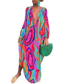 Vacation Printing V Neck Long Sleeve Printing Polyester Dresses Maxi Long Dress Swing Dresspicture8