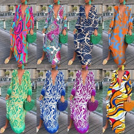 Vacation Printing V Neck Long Sleeve Printing Polyester Dresses Maxi Long Dress Swing Dresspicture13