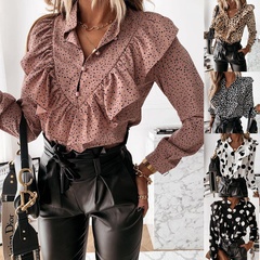 Fashion Color Block 4-Way Stretch Fabric Polyester Standing Collar Long Sleeve Regular Sleeve Printing Ruffles Blouse