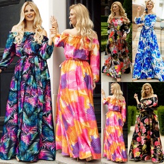 Vacation Ditsy Floral Boat Neck Long Sleeve Printing Polyester Dresses Maxi Long Dress Sundress