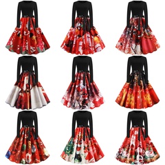 Vacation Santa Claus Bow Knot Snowflake Round Neck Long Sleeve Printing Zipper Spandex Polyester Twilled Satin Dresses Midi Dress Tiered Skirt