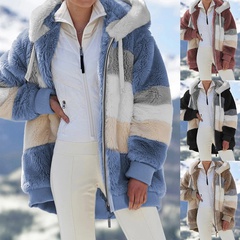 Fashion Color Block Patchwork Contrast Collar Polyester Zipper Coat Woolen Coat