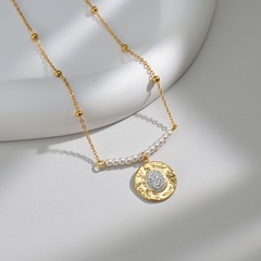 Simple Style Round Stainless Steel Artificial Pearl Patchwork Gold Plated Rhinestones Pendant Necklace 1 Piece