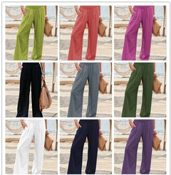 Casual Solid Color Cotton Blend Polyester Full Length Pleated Wide Leg Pants