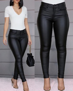 Fashion Solid Color Pu Polyester Full Length Zipper Skinny Pants