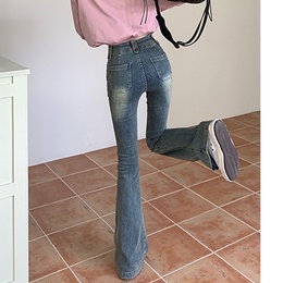 Fashion Solid Color Polyester Full Length Ripped Button Jeanspicture12