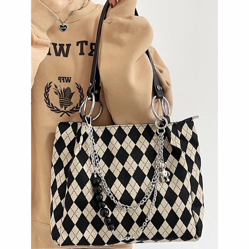 WomenS Fashion Plaid Canvas Shopping bags