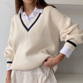Casual Color Block Polyacrylonitrile Fiber V Neck Long Sleeve Regular Sleeve Patchwork Sweaterpicture17