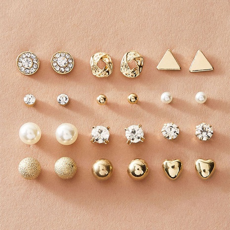 Simple Style Triangle Round Heart Shape Alloy Pearl Rhinestones Women'S Ear Studs 12 pairs's discount tags