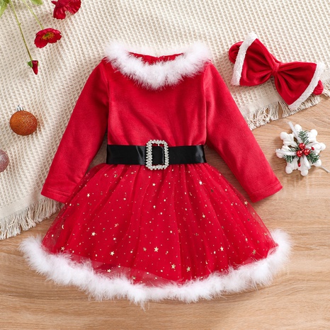 Christmas Cute Solid Color Belt Cotton Girls Dresses's discount tags