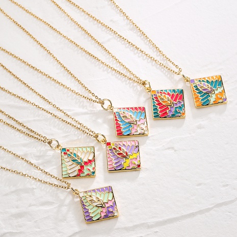 Fashion Color Block Flower Rhombus Copper Enamel Gold Plated Zircon Pendant Necklace 1 Piece's discount tags