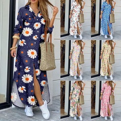 Fashion Flower Turndown Long Sleeve Printing Polyester Dresses Maxi Long Dress Shirt Dress