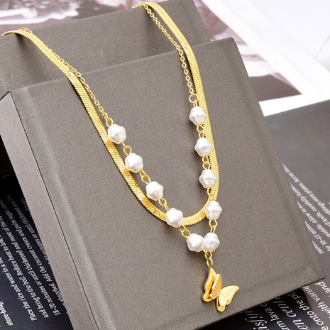 Fashion Butterfly Titanium Steel Layered Necklaces Plating Artificial Pearls Stainless Steel Necklaces 1 Piece's discount tags