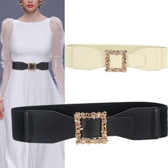 Fashion Square PU Leather Alloy Elastic Band Inlay Rhinestones Women'S Leather Belts 1 Piece