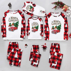 Casual Christmas Tree Letter Plaid Cotton Pants Sets Straight Pants Blouse Family Matching Outfits