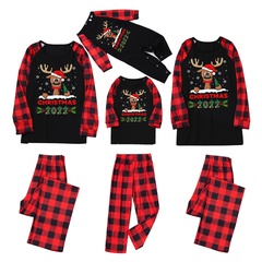 Fashion Letter Plaid Elk Cotton Polyester Pants Sets Straight Pants Blouse Family Matching Outfits