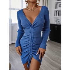 Casual Solid Color V Neck Long Sleeve Elastic Drawstring Design Acrylic Dresses Above Knee Sweater Dress