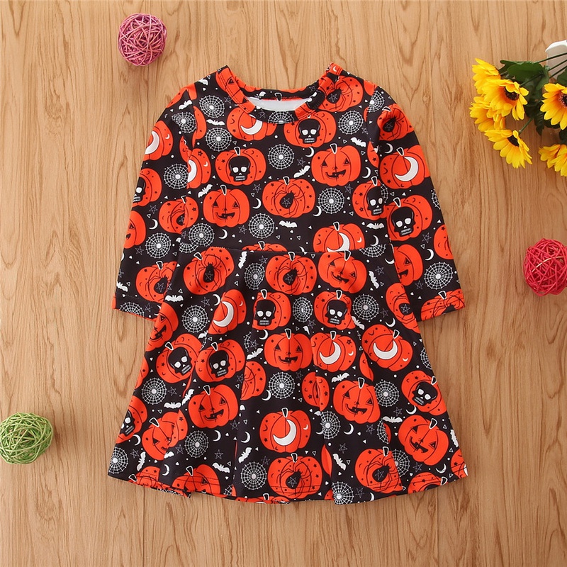 Halloween Fashion Pumpkin Printing Polyester Girls Dresses