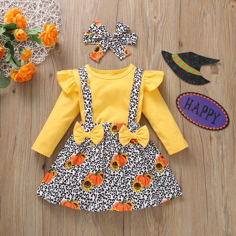 Halloween Fashion Leopard Bowknot Cotton Girls Clothing Sets
