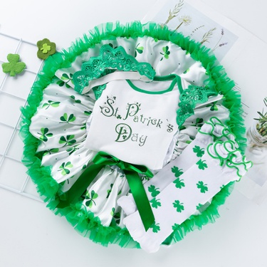 New Irish Holiday Clothes Baby St. Patrick Children's Party Clothes Long-Sleeve Jumpsuit Tutu Skirt Suit—2