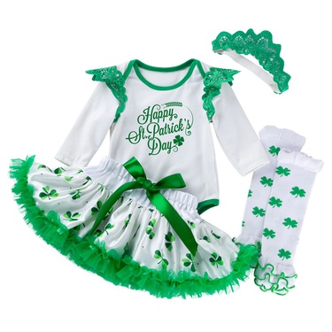 New Irish Holiday Clothes Baby St. Patrick Children's Party Clothes Long-Sleeve Jumpsuit Tutu Skirt Suit—3