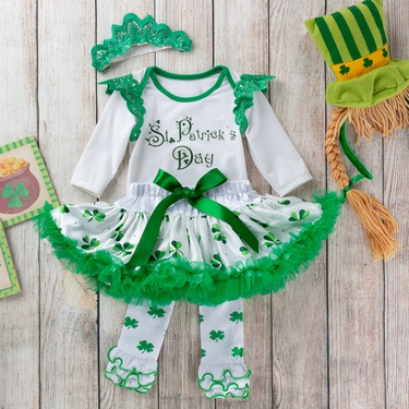 New Irish Holiday Clothes Baby St. Patrick Children's Party Clothes Long-Sleeve Jumpsuit Tutu Skirt Suit—4
