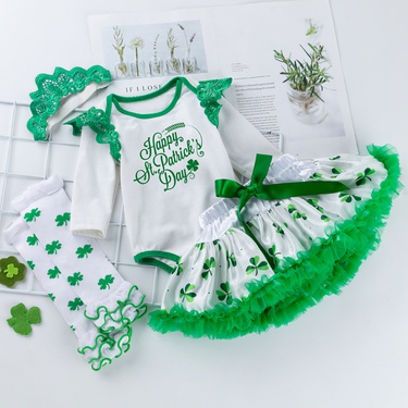 New Irish Holiday Clothes Baby St. Patrick Children's Party Clothes Long-Sleeve Jumpsuit Tutu Skirt Suit—1
