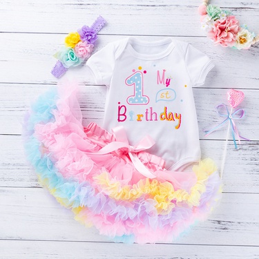 New Baby Girl Birthday Full-Year Clothing Baby Suit 1 Word Short Sleeved Kazakhstan Princess Dress 3-Piece Set Girls Clothes—1