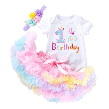 New Baby Girl Birthday Full-Year Clothing Baby Suit 1 Word Short Sleeved Kazakhstan Princess Dress 3-Piece Set Girls Clothes—2