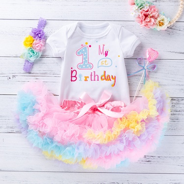 New Baby Girl Birthday Full-Year Clothing Baby Suit 1 Word Short Sleeved Kazakhstan Princess Dress 3-Piece Set Girls Clothes—3