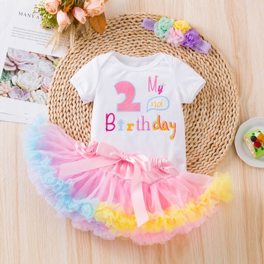 New Baby Girl Birthday Full-Year Clothing Baby Suit 1 Word Short Sleeved Kazakhstan Princess Dress 3-Piece Set Girls Clothes—4