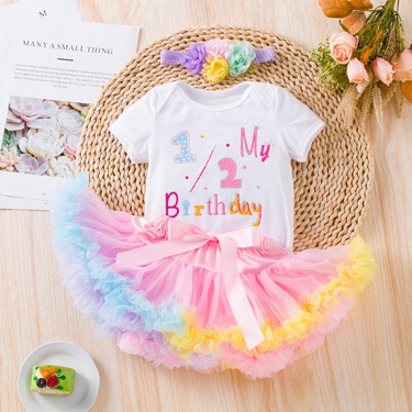 New Baby Girl Birthday Full-Year Clothing Baby Suit 1 Word Short Sleeved Kazakhstan Princess Dress 3-Piece Set Girls Clothes—5