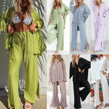 2022 Cross-Border Women's Clothing Spring and Summer New Suit Pleated Shirt Long Sleeve Lapel Cardigan Split Pajamas Two-Piece Suit—1
