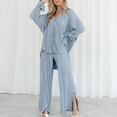 2022 Cross-Border Women's Clothing Spring and Summer New Suit Pleated Shirt Long Sleeve Lapel Cardigan Split Pajamas Two-Piece Suit—5