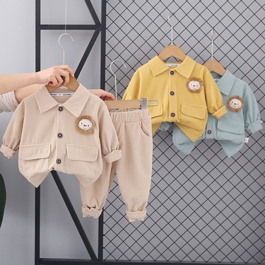 Children Workwear Suit  Boys' Solid Color Single-Breasted Corduroy Cardigan Spring Wear Hoodie Sweatpants Two Pieces—1
